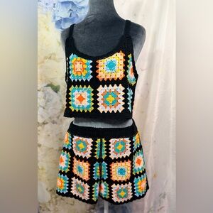 Rebellion Black Multicolor Crochet Short & Tank Set granny squares crop top